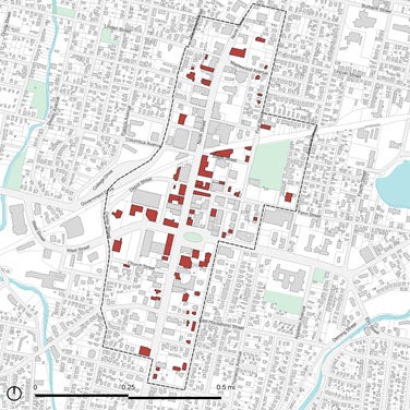 A map showing office buildings in downtown Pittsfield, Mass.