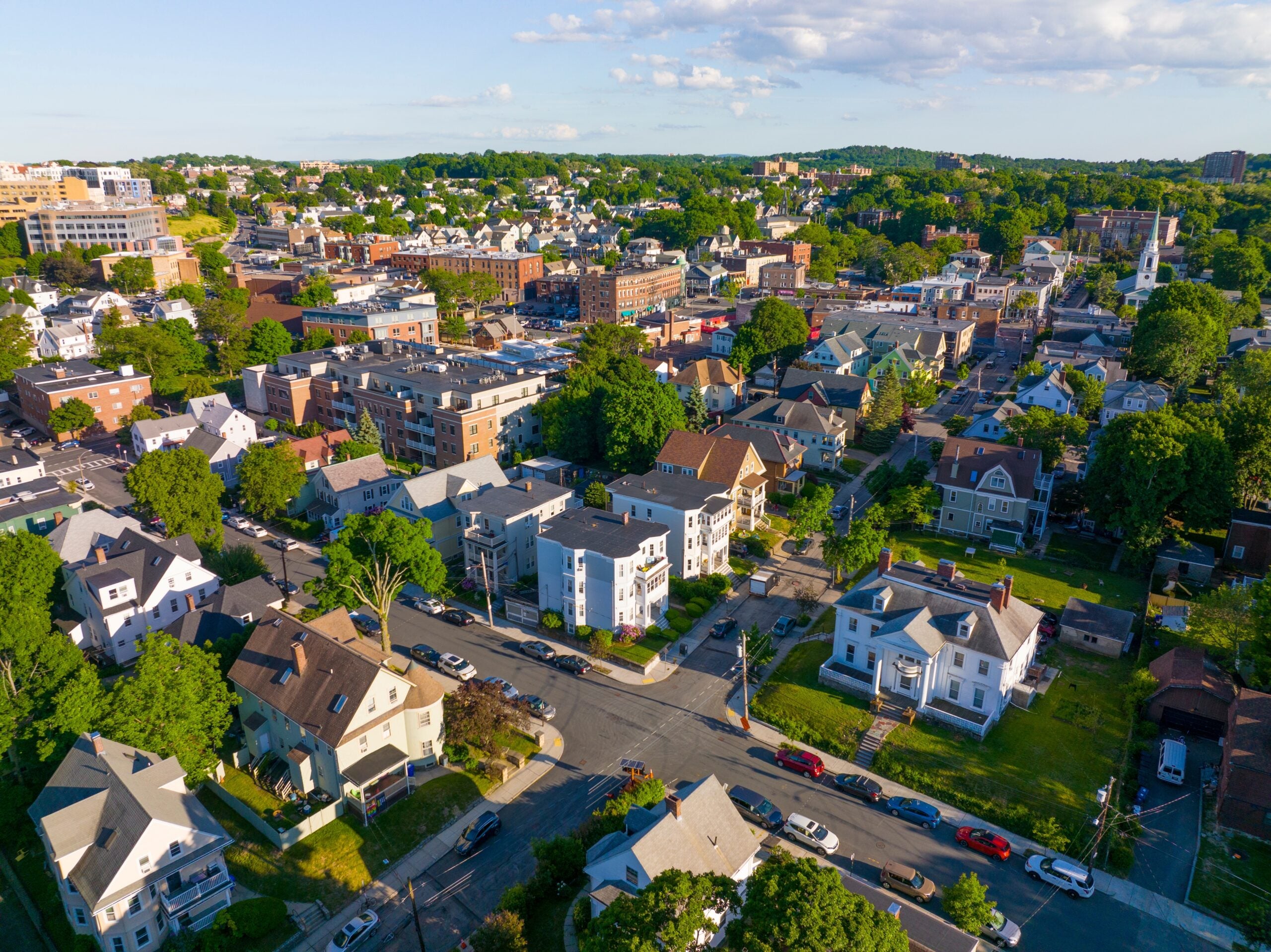 An aerial view of the Brighton neighborhood of Boston